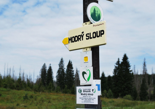 Šumava. Turisty navádí na Modrý sloup z Březníku nový ukazatel. Logo pod ním je logem přeshraniční turistické trasy a zároveň logem Divokého srdce Evropy - společné jádrové zóny národních parků Šumava a Bavorský les. Březník, Šumava.