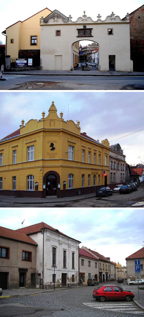 Český Brod (odshora): městská brána, Černý kůň, klášter. Český Brod.